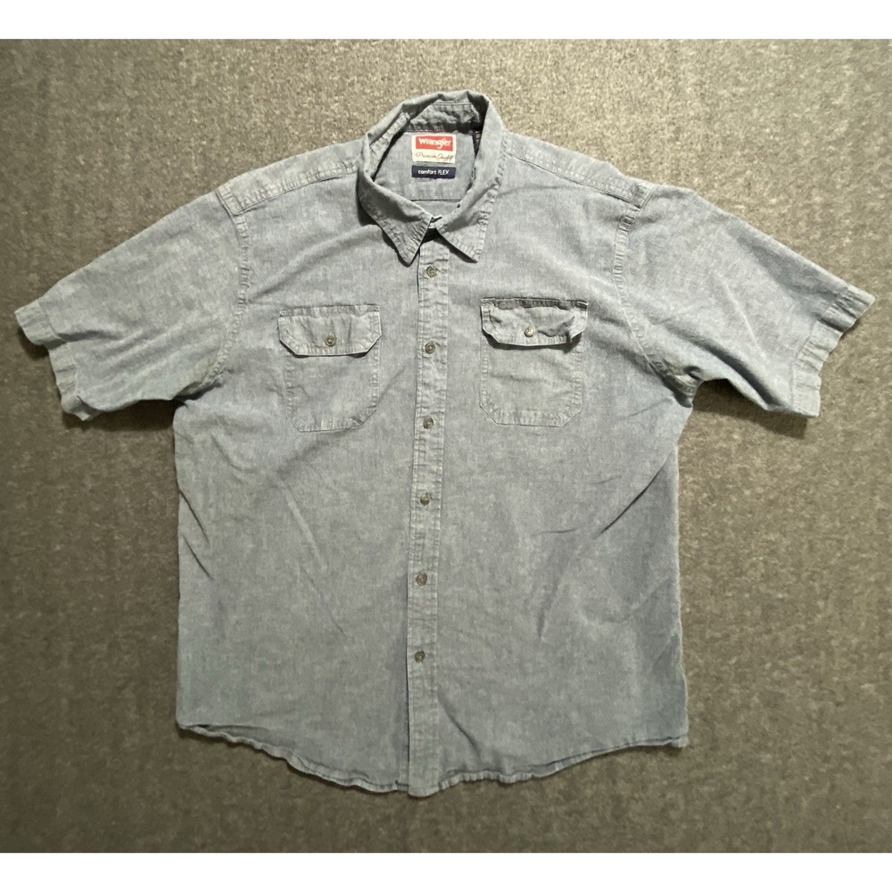 Wrangler Shirt Mens Blue Chambray Button Up Short Sleeve Comfort Flex Size XL